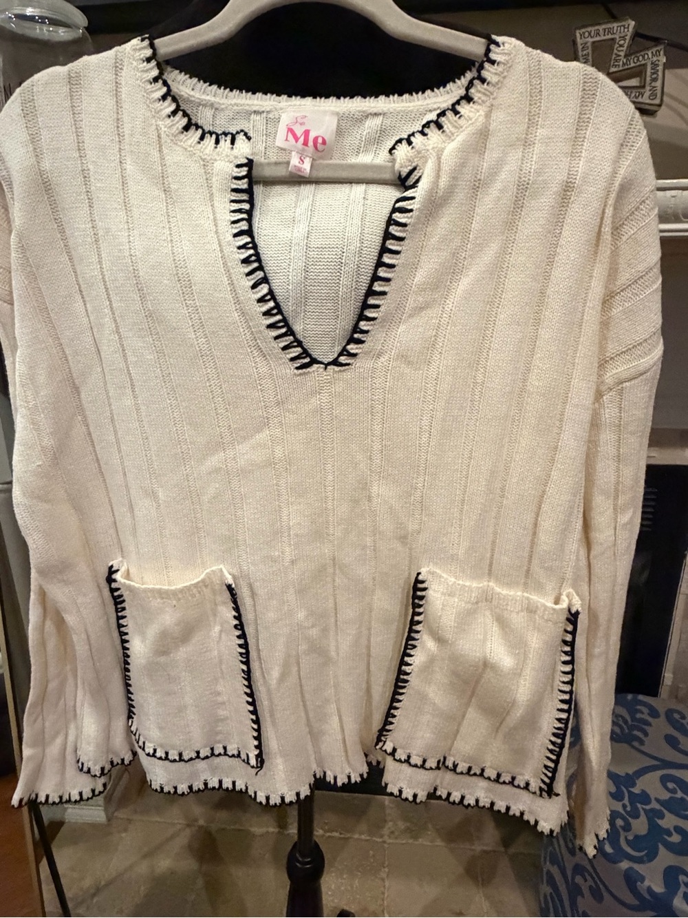 So Me Cream V-Neck Sweater with Black Trim